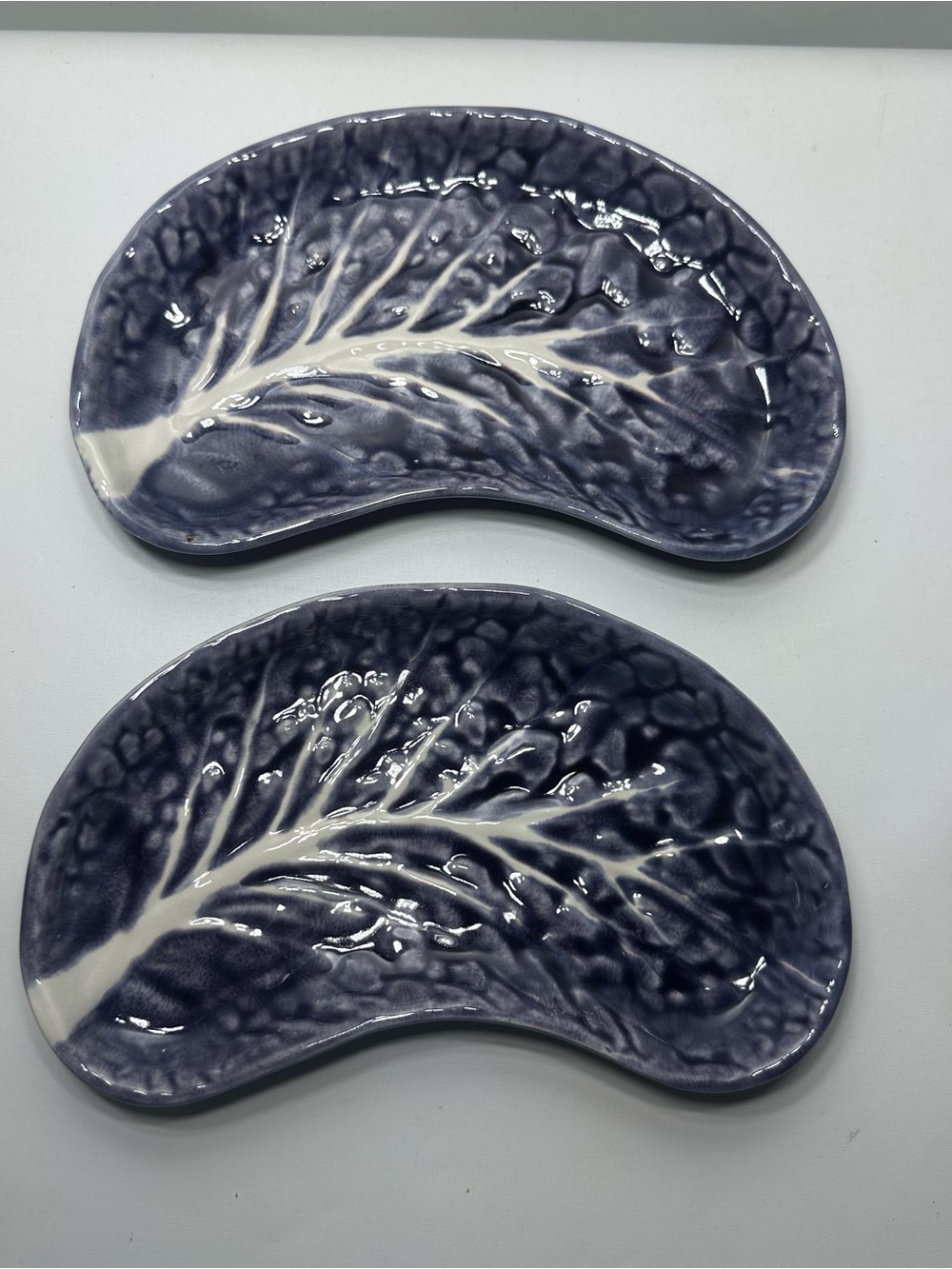 Vintage 2 Portuguese Majolica Cabbageware Creacent Plate in Rare Plum Aubergine